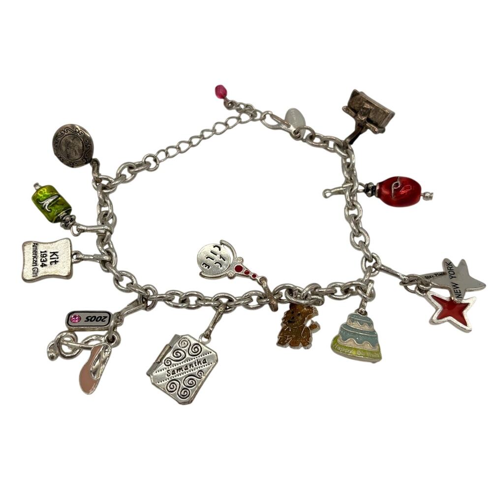 American Girl Charm Bracelet - 11 Charms- Dog, Kit, Samantha, Cake, Star, Ballet
